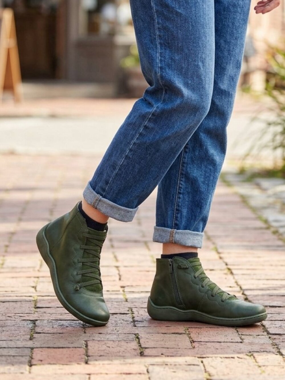 Elastic Lace Up Booties in Green Vegan Leather